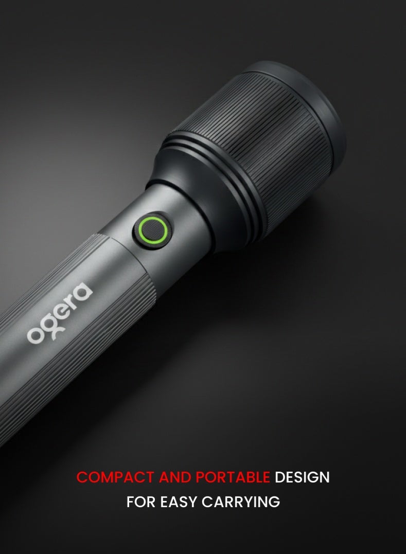 أوجيرا كشاف LED قابل لإعادة الشحن | كشاف ليزر عالي القدرة 30 واط | سطوع 3000 لومن | مدى إضاءة 4000 متر | شحن USB Type-C | مقاوم للماء IPX5 | خاصية الزوم ووضع SOS للطوارئ | ضمان سنتين | OG1100SLC23 | أسود - Image 5